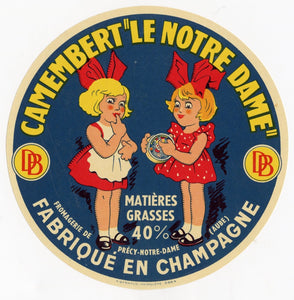 Antique, Unused, French Camembert Le Notre Dame Cheese Label, Cartoon Girls
