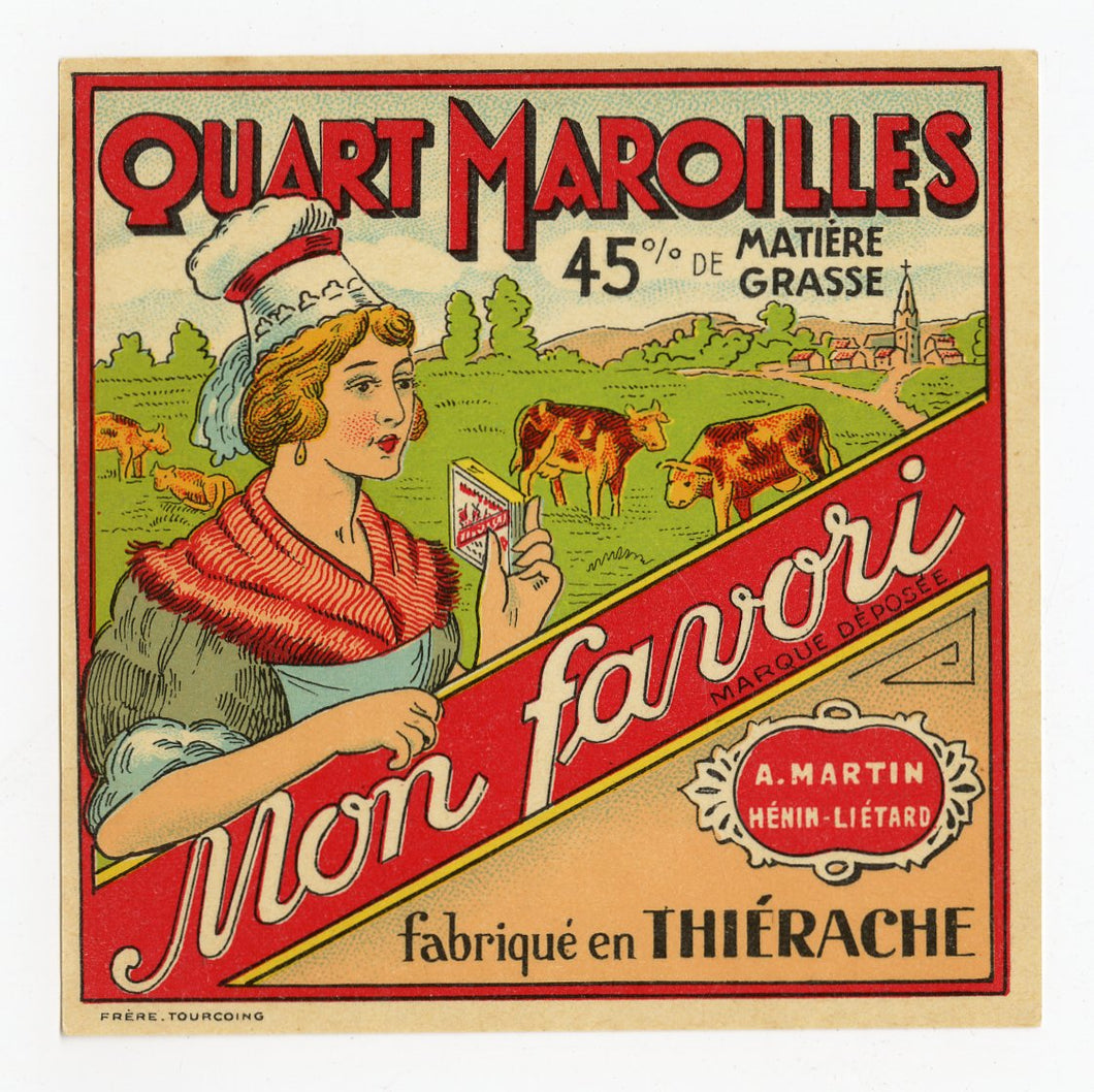 Antique, Unused, French Mon Favori Quart Maroilles Cheese Label, Thierache