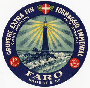 Antique, Unused, French Faro Gruyere, Emmental Cheese Label, Lighthouse