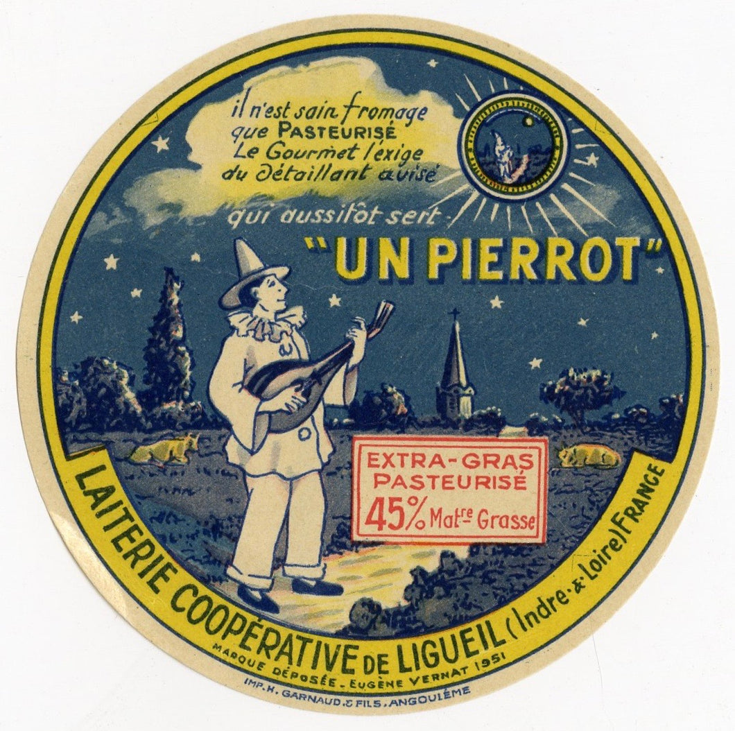 Antique, Unused, French Un Pierrot Cheese Label, Ligueil, Commedia dell'arte