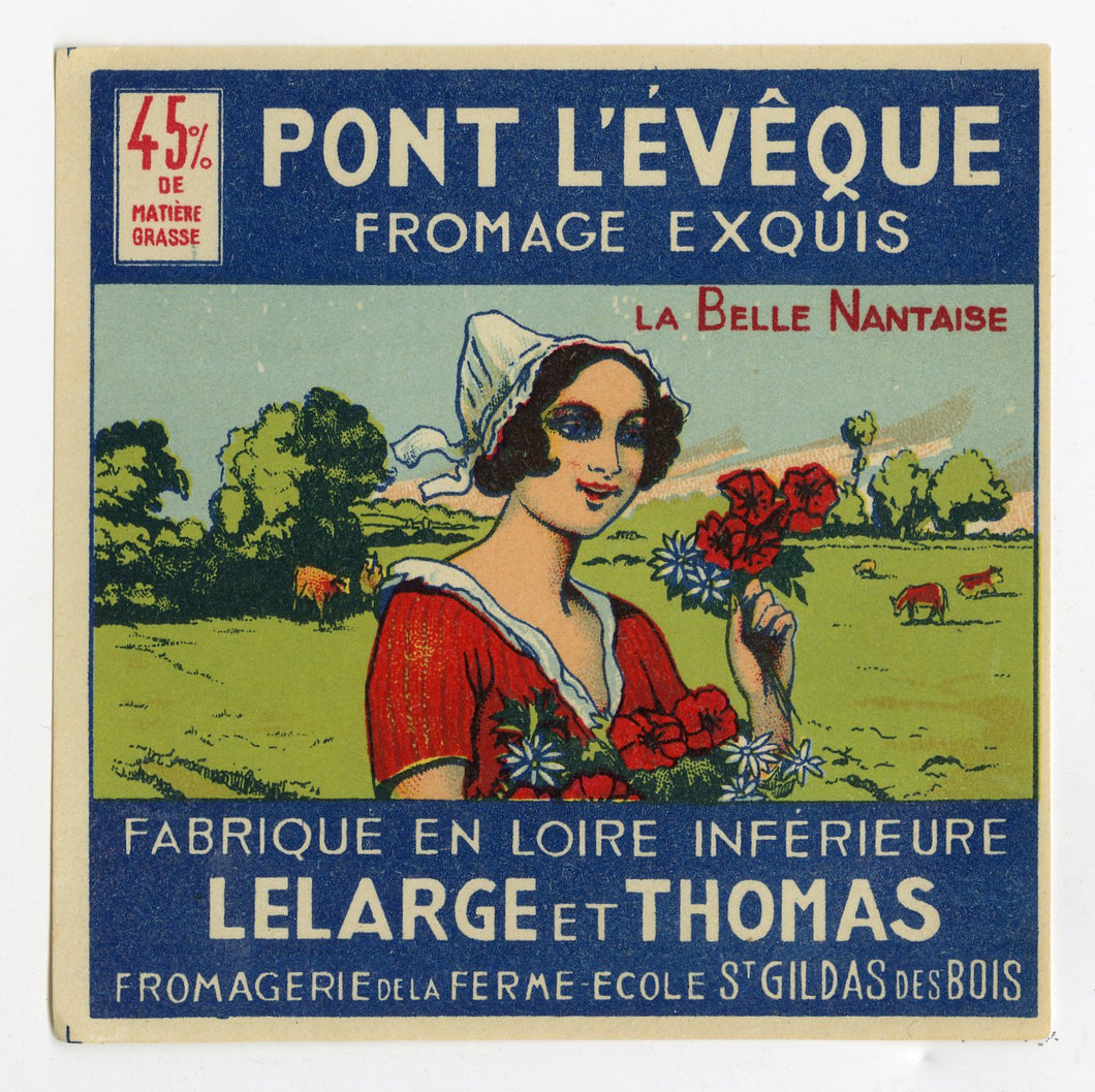 Antique, Unused, French Pont L'Eveque Cheese Label, Milk Maid, Loire Inferieure, Nantes
