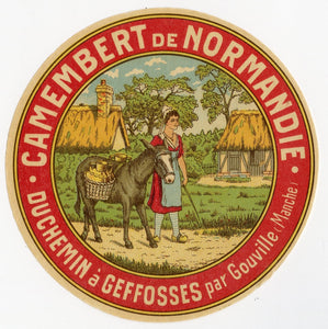 Antique, Unused, French Camembert de Normandie Cheese Label, Milk Maid, Donkey