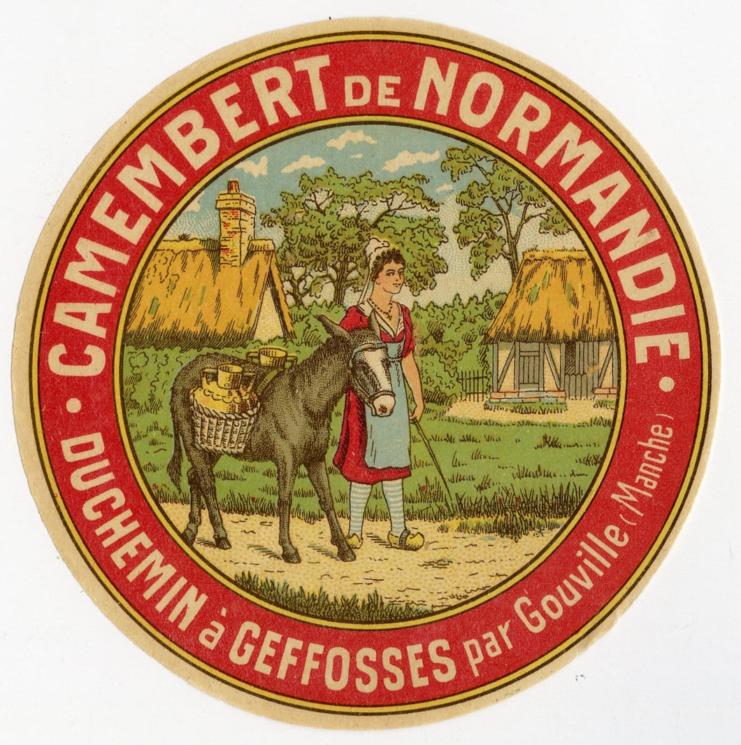 Antique, Unused, French Camembert de Normandie Cheese Label, Milk Maid, Donkey