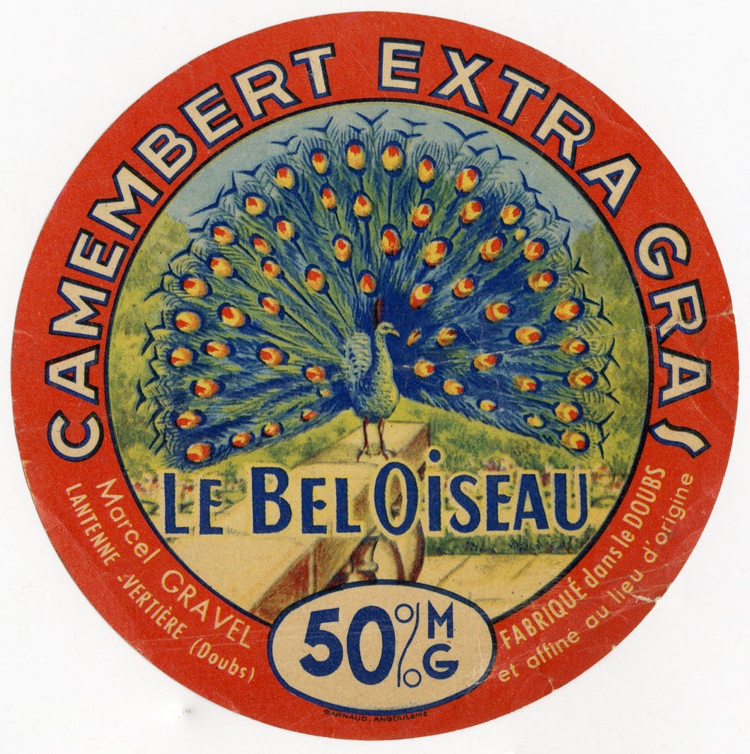 Antique, Unused, French Le Bel Oiseau Camembert Cheese Label, Peacock, Doubs