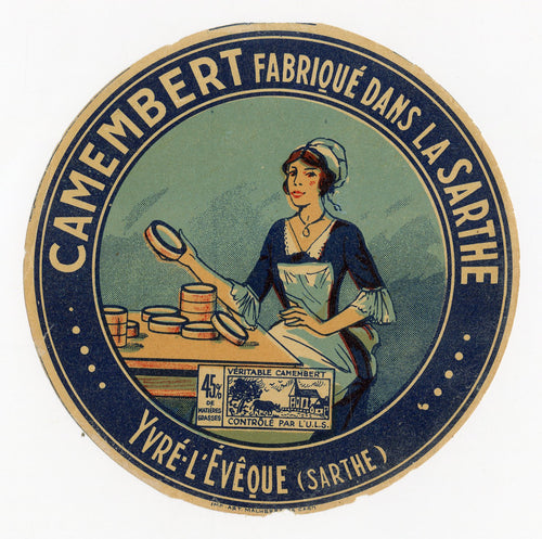 Antique, Unused, French Sarth Camembert Cheese Label, Blue Milk Maid