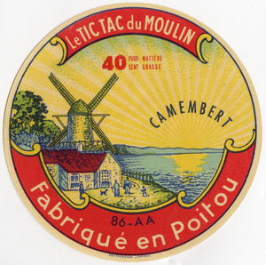 Antique, Unused, French Le Tic Tac du Moulin Camembert Cheese Label, Windmill