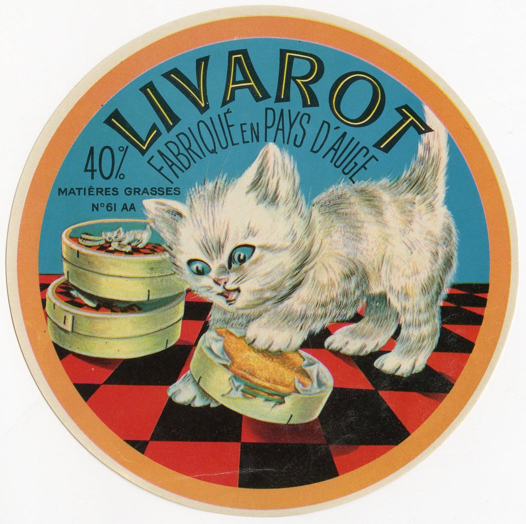 Antique, Unused, French Livarot Cheese Label, Pays D'Auge, White Kitten