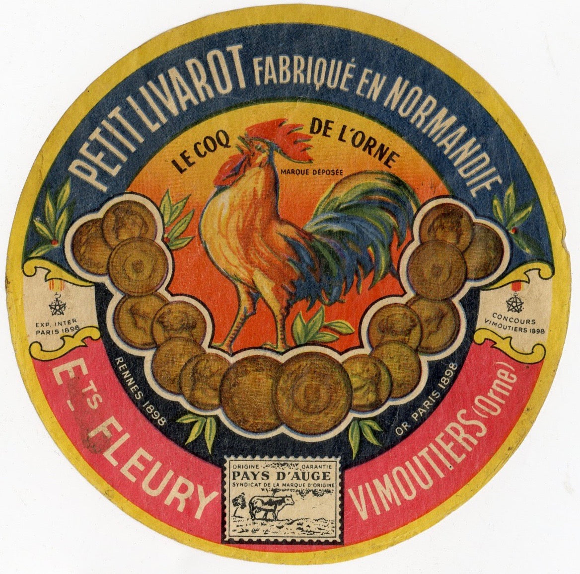 Antique, Unused, French Petit Livarot Cheese Label, Normandy, Rooster