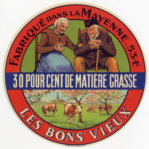 Antique, Unused, French Les Bons Vieux Cheese Label, Mayenne, Old Couple