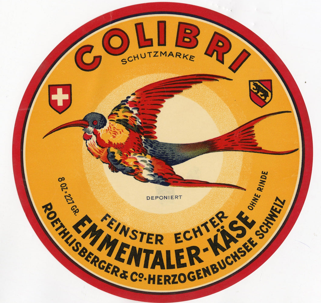 Antique, Unused, German Colibri Emmentaler-Kase Swiss Cheese Label, Hummingbird