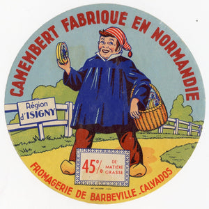 Antique, Unused, French Normandie Camembert Cheese Label, Peasant Man