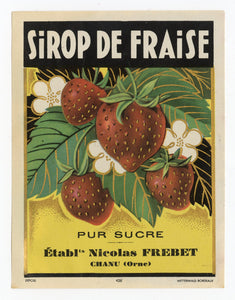Art Deco, Unused French Sirop de Fraise Alcohol Label, Strawberries