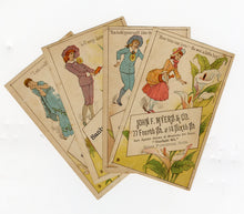 Load image into Gallery viewer, Antique Victorian PATIENCE Operetta Gilbert &amp; Sullivan Themed Trade Card Set of 4, Bunthorne, Grosvenor, Patience
