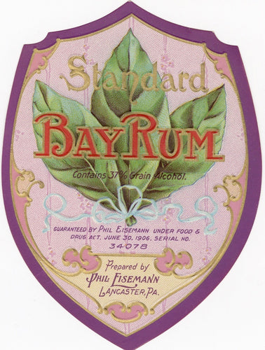 Antique, Unused BAY RUM LABEL, Cosmetic, Aftershave, Phil Eisemann, Lancaster, PA