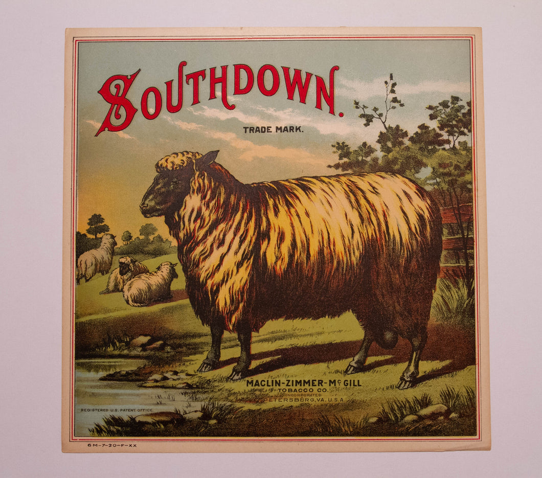 SOUTHDOWN Sheep TOBACCO Caddy Label, Maclin Zimmer McGill Tobacco Co, Old, Vintage - TheBoxSF